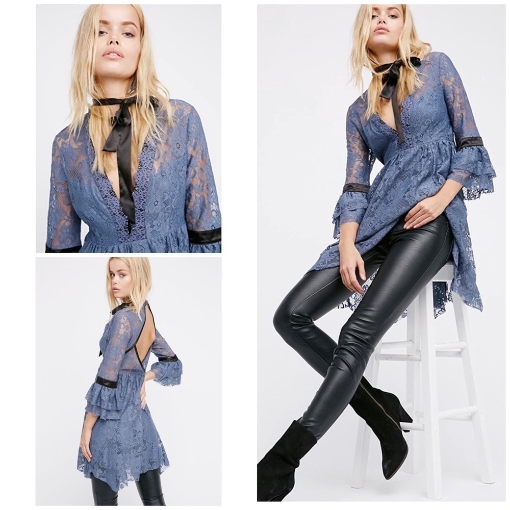 Free People Gilded Lace Granite Victorian Cottagecore Boho V Neck Tunic Dress M‌
